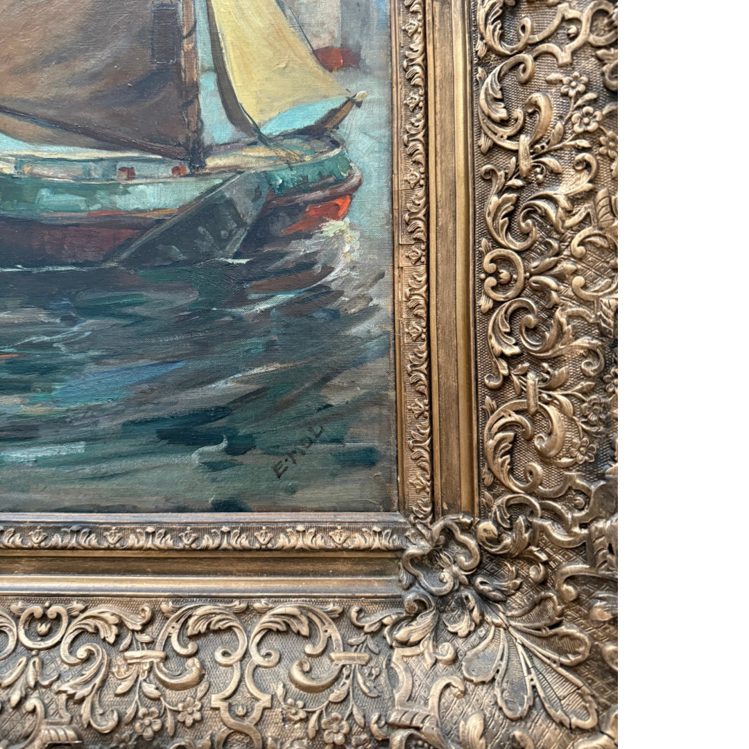 Antique Harbor Scene - Oil on Canvas