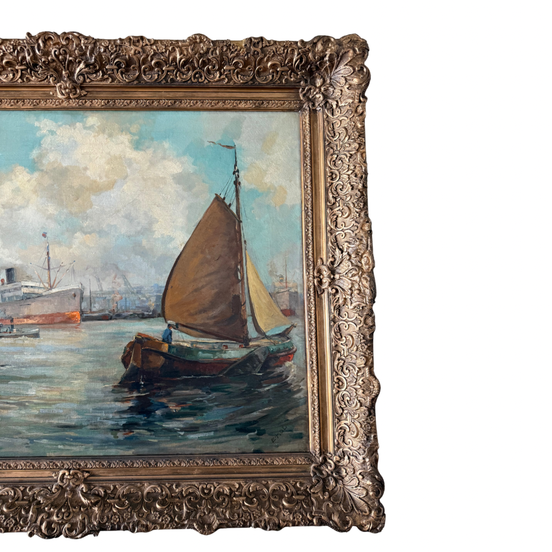Antique Harbor Scene - Oil on Canvas