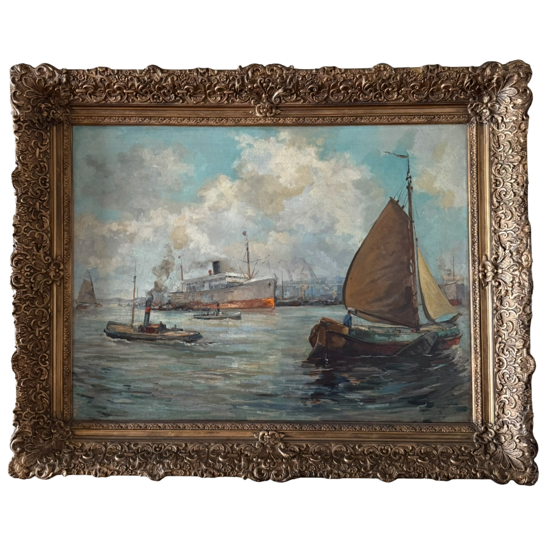 Antique Harbor Scene - Oil on Canvas