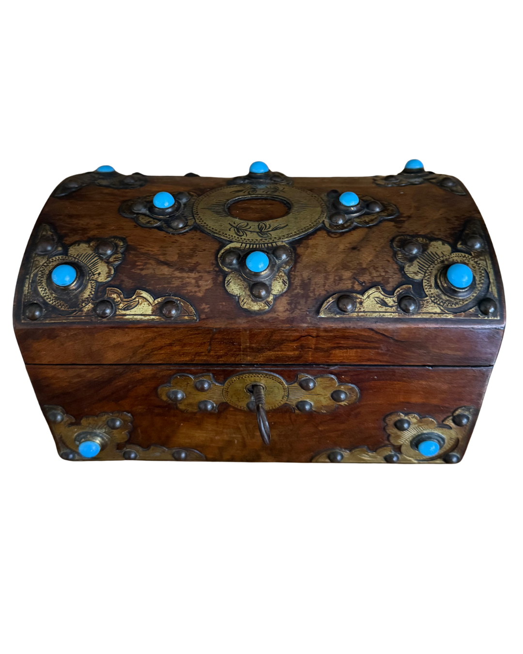 Turquoise Cabochon and Etched Brass Tea Caddy