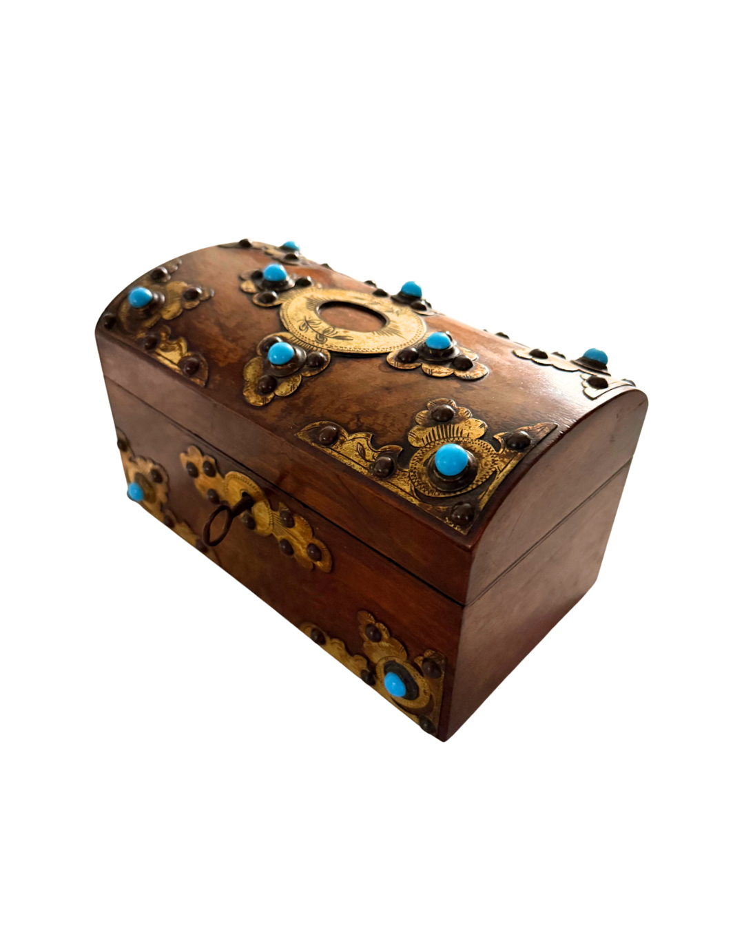 Turquoise Cabochon and Etched Brass Tea Caddy