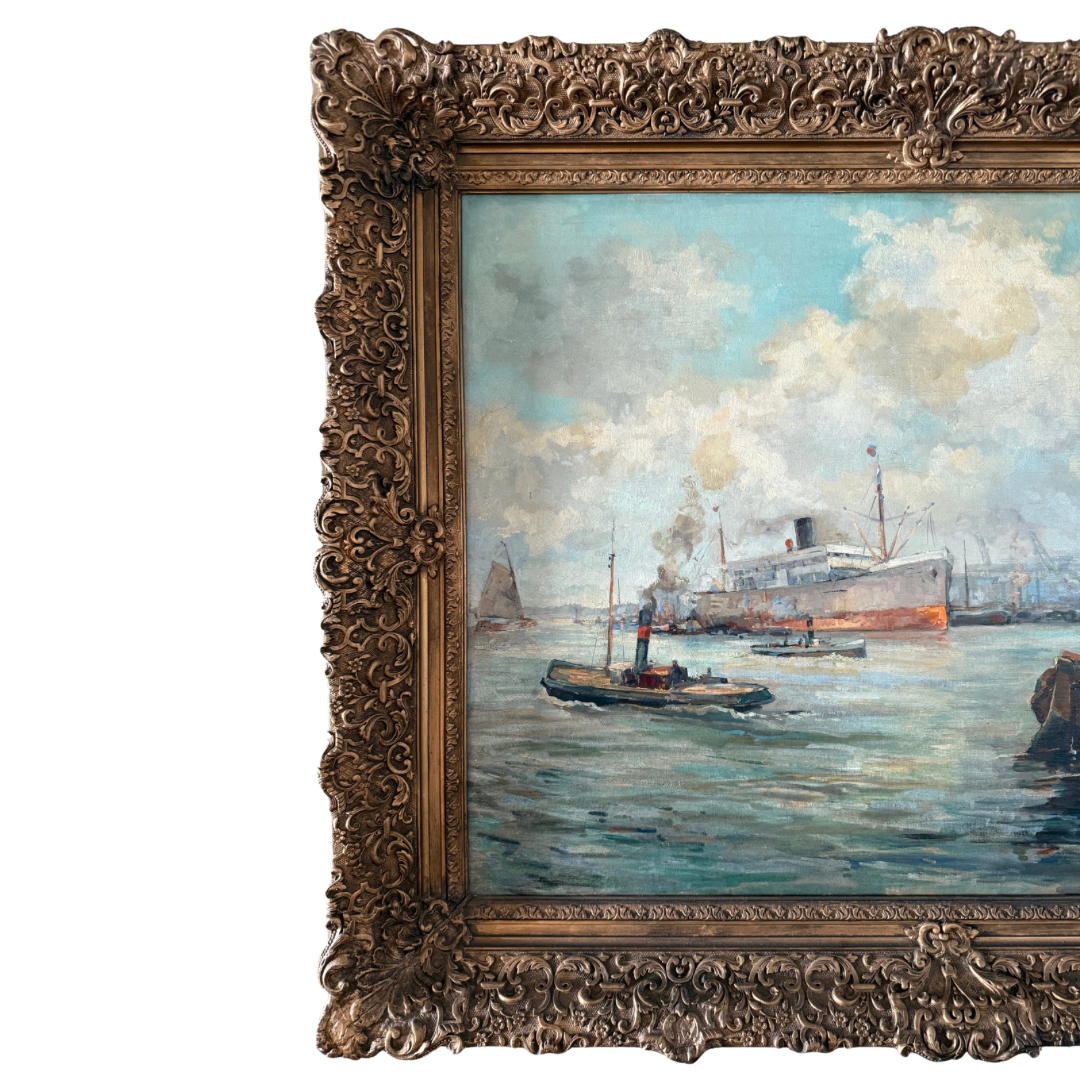 Antique Harbor Scene - Oil on Canvas